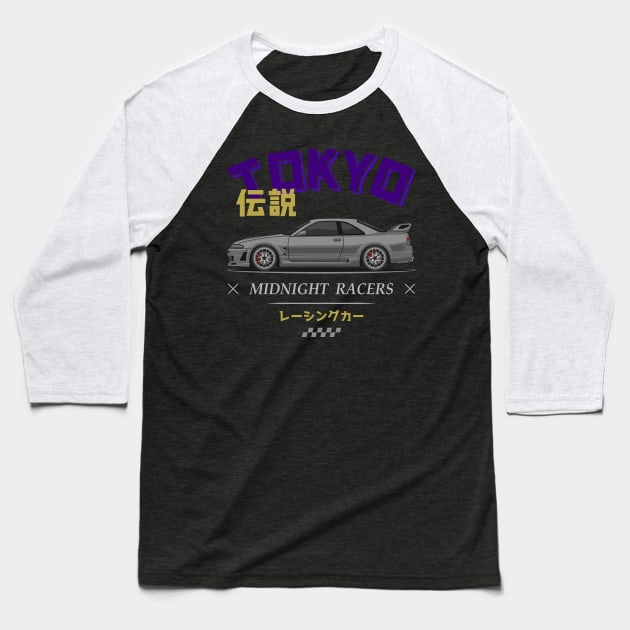 Midnight Racer Silver Skyline R33 GTR JDM Baseball T-Shirt by GoldenTuners